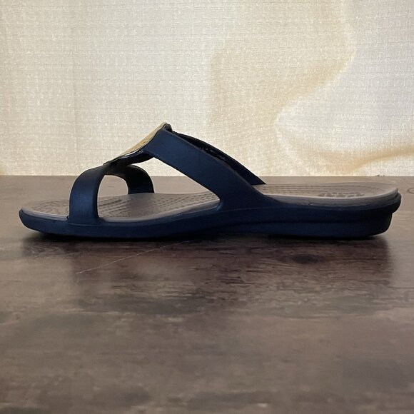 Crocs Womens Sanrah Sandal Sz 10 Brown Gold Hammered Teardrop Wedge Heel Slide - Picture 5 of 10